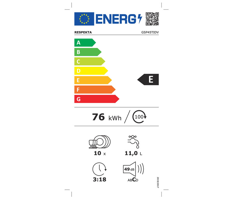 Energielabel für Respekta teilintegrierter-Geschirrspüler »GSP45TiDV«, ca. 45 cm, E (von A bis G) mit Energieeffizienzklasse E, 76 kWh/100 Zyklen, 10 Maßgedecken, 11,0 L Wasserverbrauch und 49 dB.