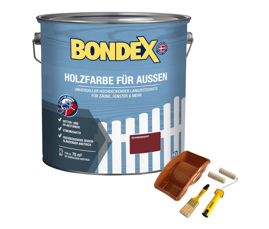 Dose Bondex Holzfarbe für Außen, 7,5 l, inkl. Verarbeitungs-Set, schwedenrot, mit Malzubehör.