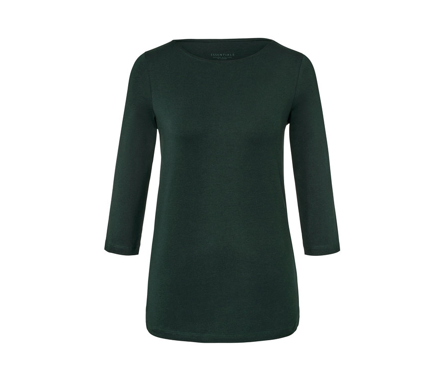 Grünes Shirt mit 3/4-Arm auf weißem Hintergrund.