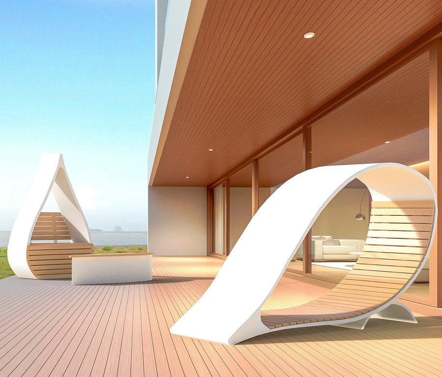 Außenterrasse mit Wings for Living Liege »Ibiza« und Wings for Living Sitzbank »San Francisco Twin«.