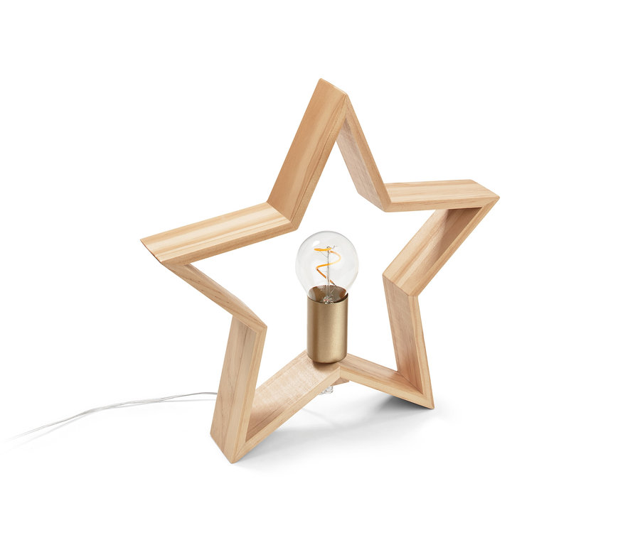 Ein LED-Holzstern steht auf einem weißen Hintergrund.
