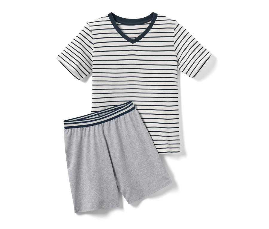 Kinder-Pyjama, kurz, mit gestreiftem Oberteil und grauen Shorts.