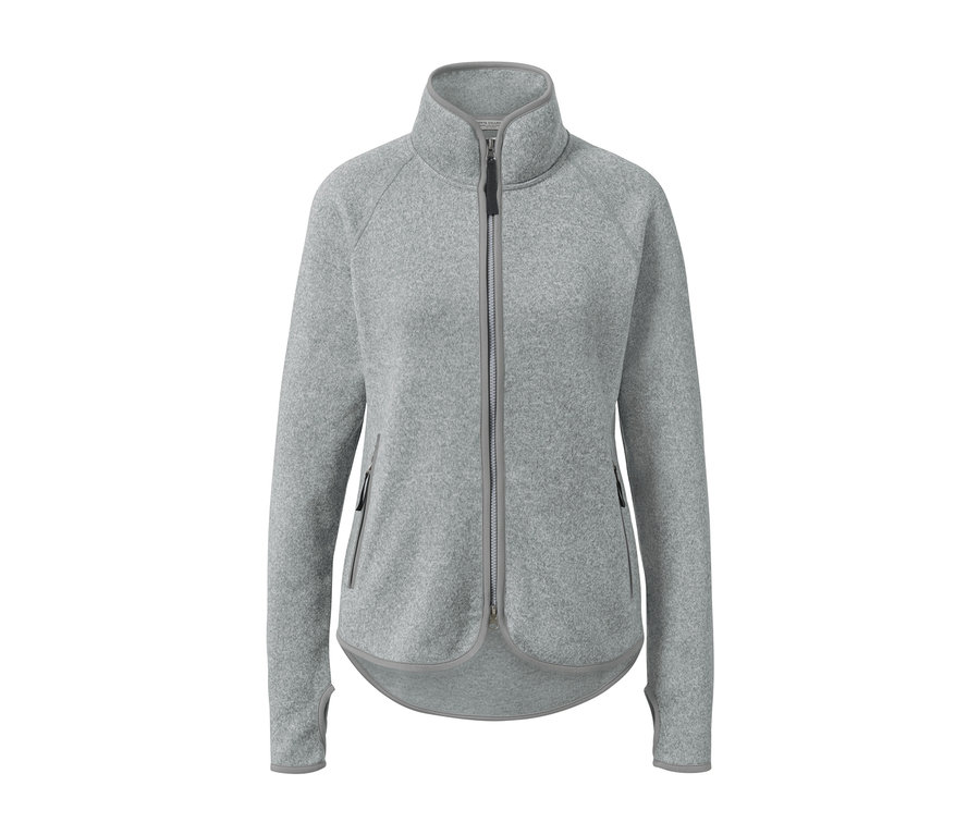 Helle, graue Strickfleece-Jacke mit Reißverschluss in der Mitte.