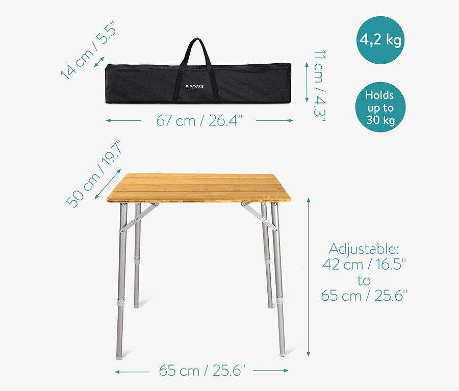 Illustration eines Navaris Bambus-Campingtisches, klein, mit Maßangaben und Details.