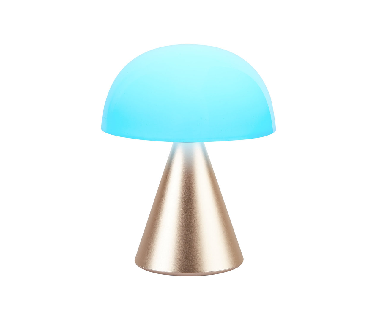 Goldene LED-Akku-Tischleuchte Lexon Mina L mit blauem, pilzförmigem Schirm.