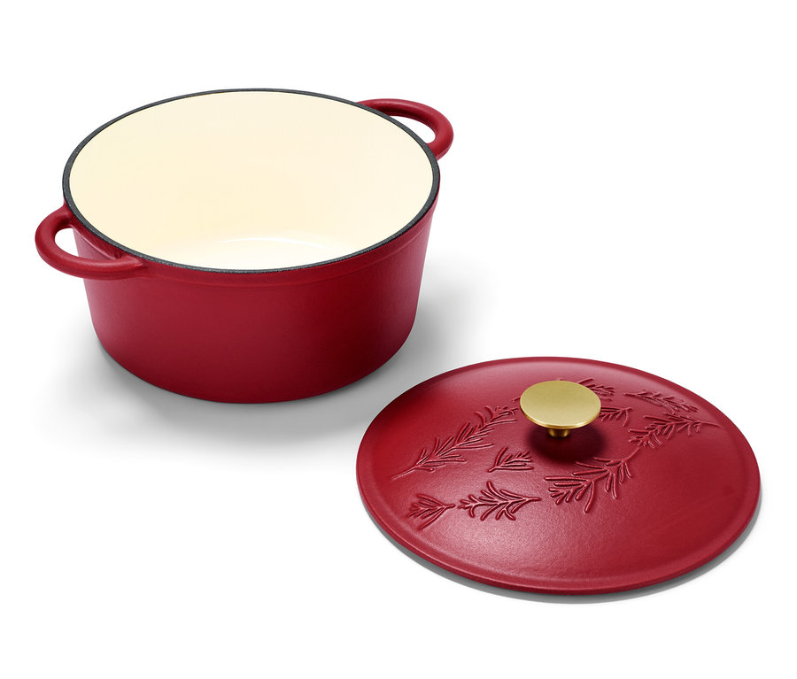 Ein roter Gusseisen-Topf mit Deckel.