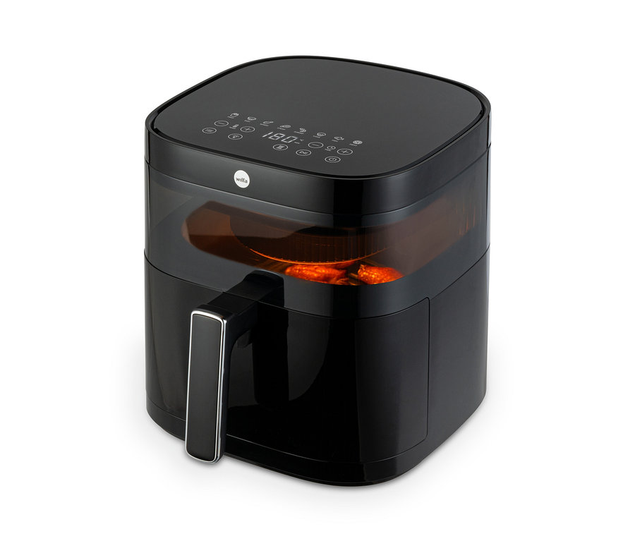 Schwarze WILFA Heißluftfritteuse »Dualfry«, 6 l Fassungsvermögen, auf weißem Hintergrund.