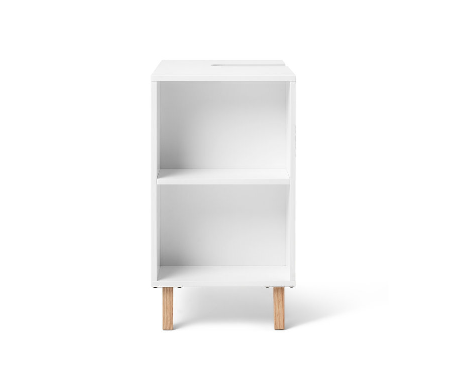 Weißer Waschbeckenunterschrank mit Tür und seitlichem Fach.