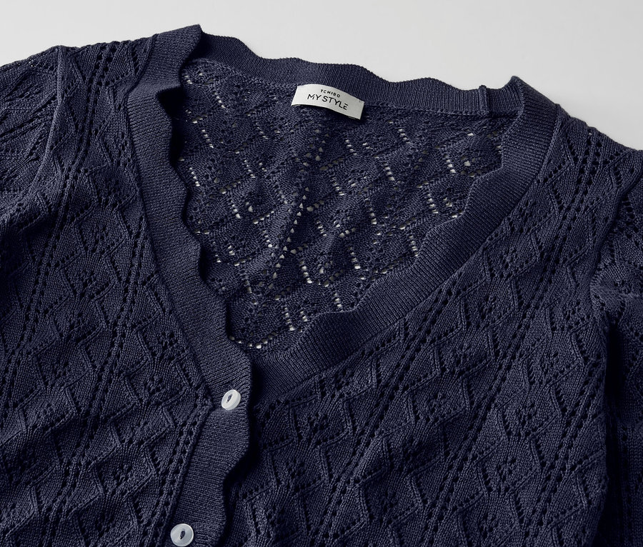 Detailansicht einer dunkelblauen Strickjacke mit Ajour-Muster.