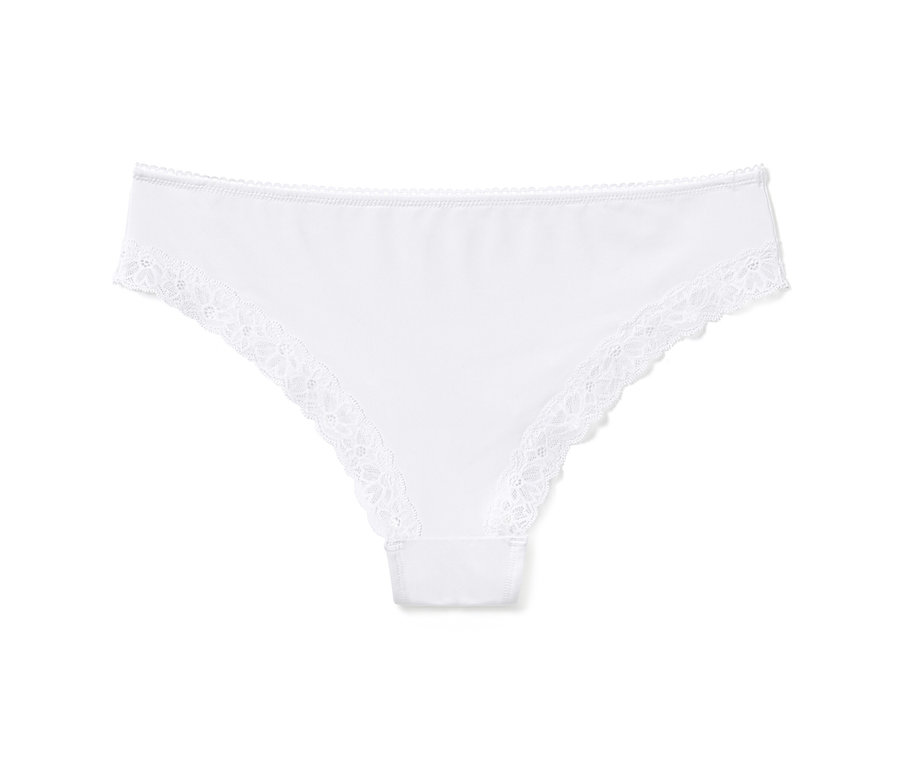 Ein weißer Brazilslip mit Spitze.