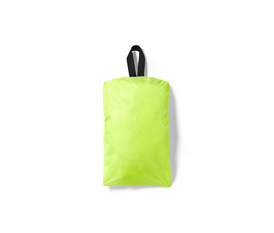 Zusammengefaltete Rucksack-Regenschutzhülle in Neongelb mit schwarzem Gurtband oben.