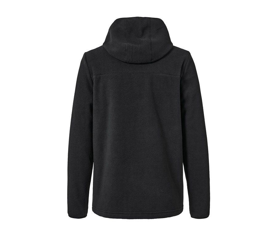 Rückansicht einer schwarzen Fleecejacke mit Kapuze.