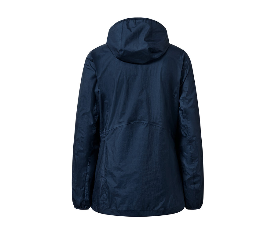 Dunkelblaue, packbare Regenjacke von hinten.