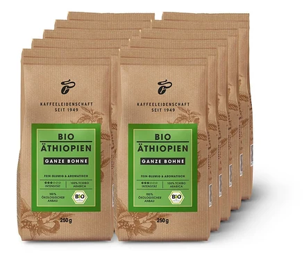 Zehn braune Packungen Bio Äthiopien - 10x 250 g Ganze Bohne Kaffee sind hintereinander gestapelt.