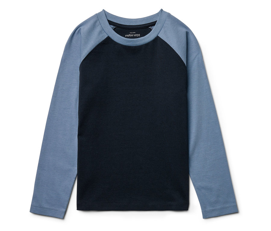 Blaues Langarmshirt mit schwarzem Korpus.