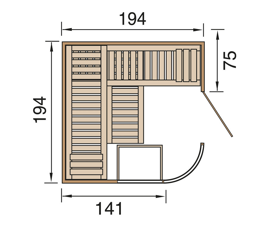 Grundriss der WEKA-Design-Sauna »Holm« mit 7,5-kW-Bio-Aktivofen.