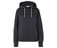Dunkelblauer Kapuzenpullover mit Reißverschluss und weißen Kordeln.