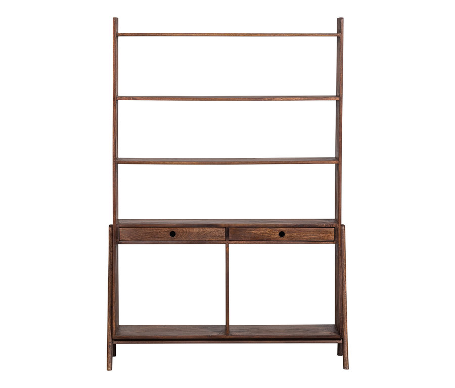 Ein braunes Bücherregal mit Rahmen und zwei Schubladen.