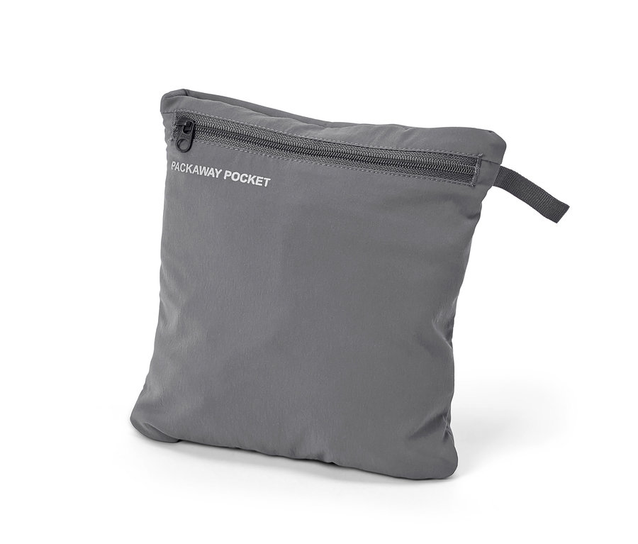 Graue, packbare Outdoorhose im verpackten Zustand.