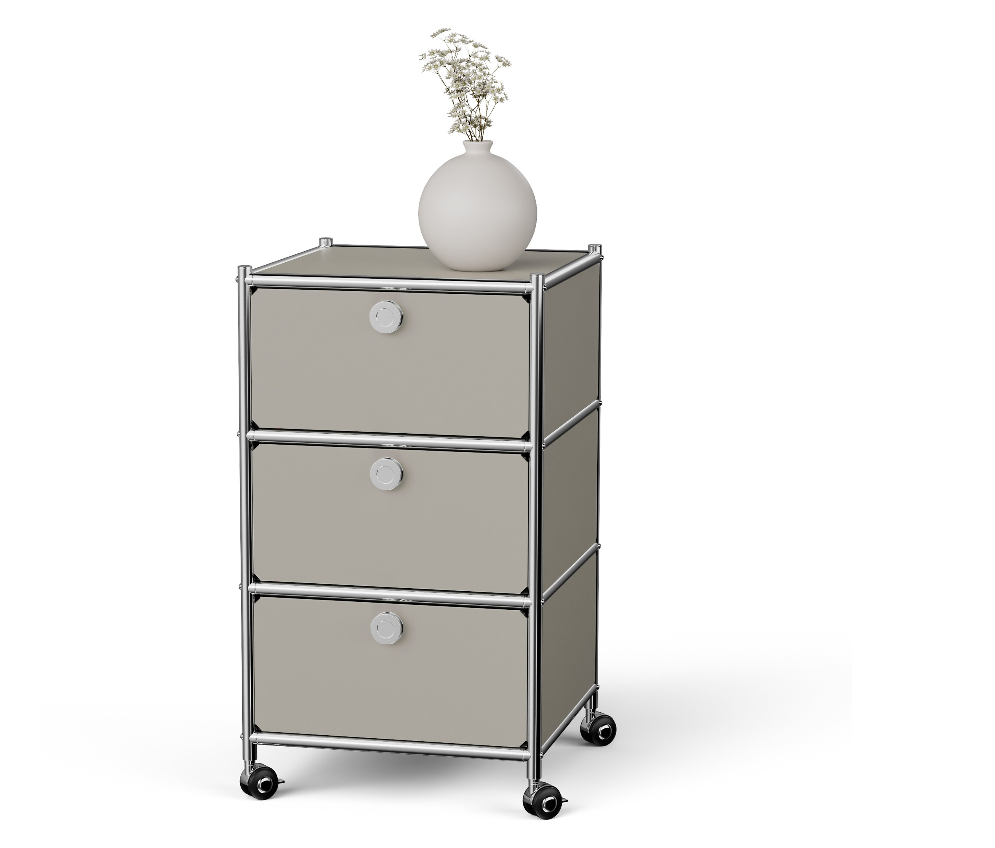 Rollcontainer mit drei Schubladen und Blumenvase darauf.