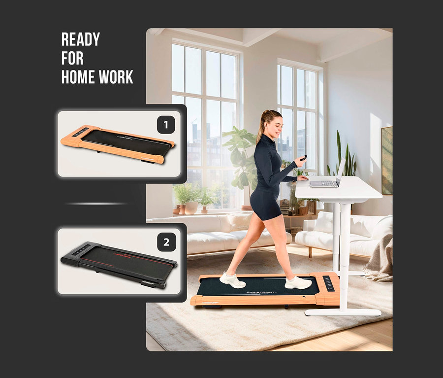 Frau geht auf braunem Walking-Pad »4.2 Holzoptik« an einem weißen Schreibtisch mit Laptop.