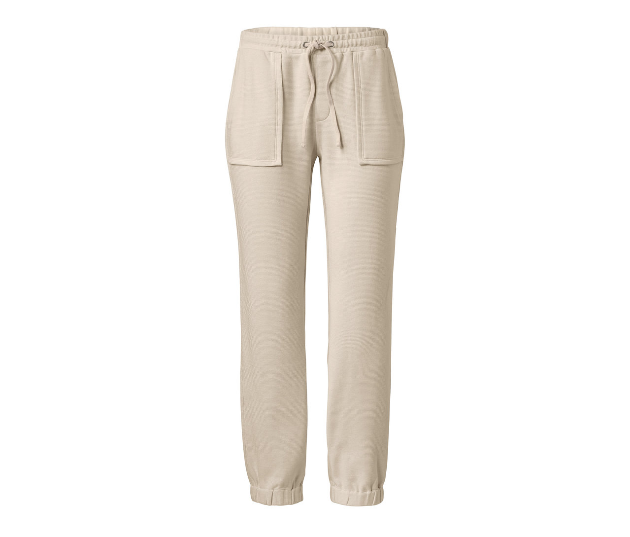 Eine cremefarbene, knöchellange Joggpants mit Kordelzug und Taschen.