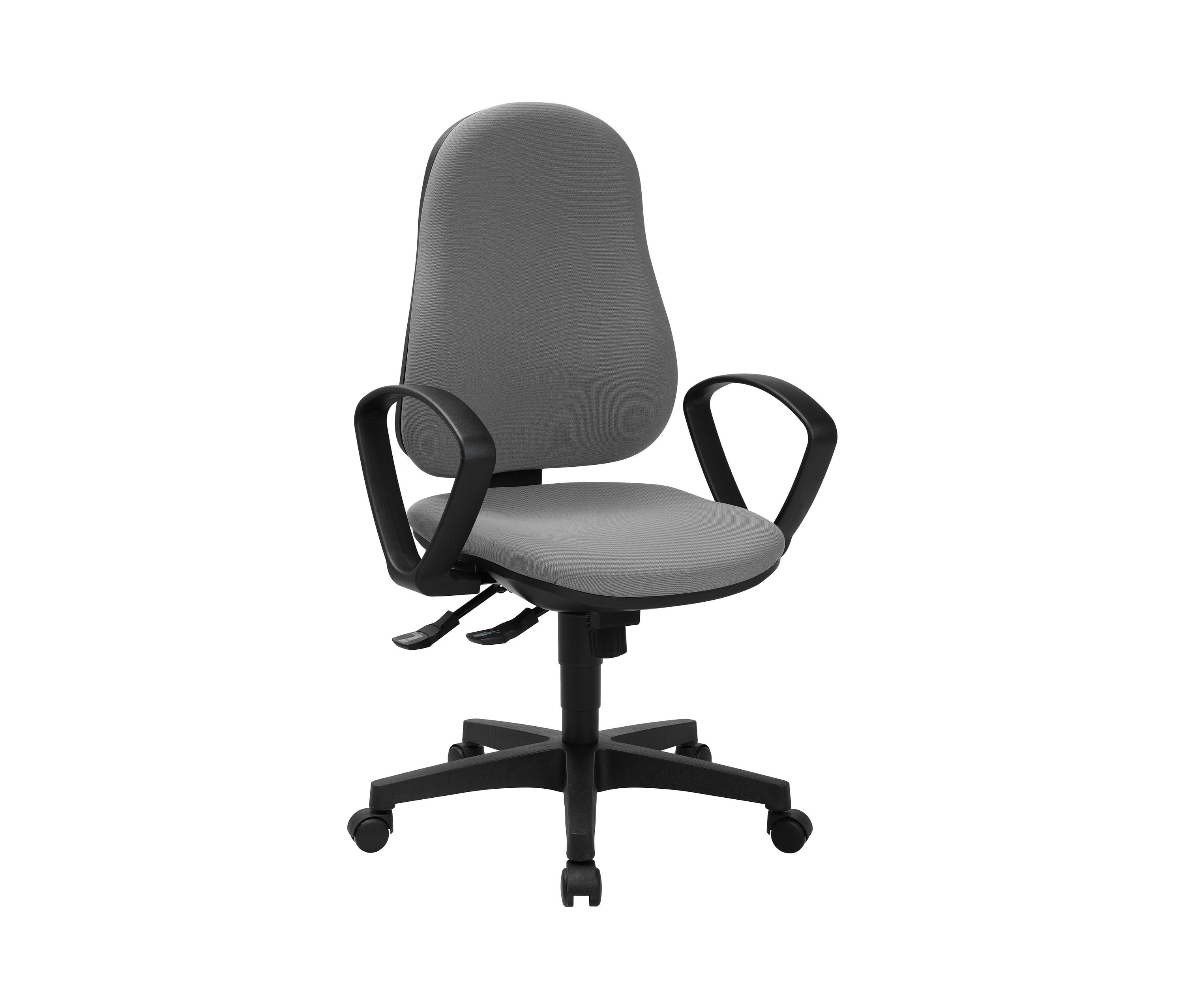 Grauer Topstar Stuhl »Support SY« mit schwarzen Armlehnen und Rollen.