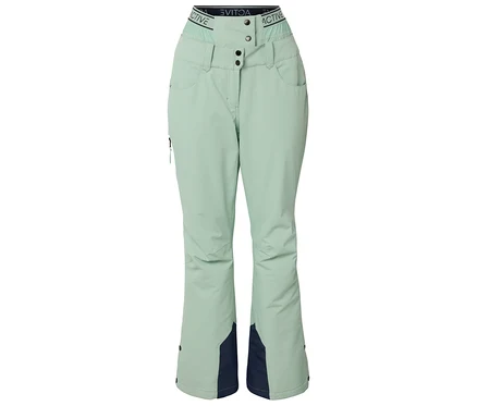 Hellgrüne Skihose mit marineblauen Einsätzen an den unteren Beinabschlüssen.