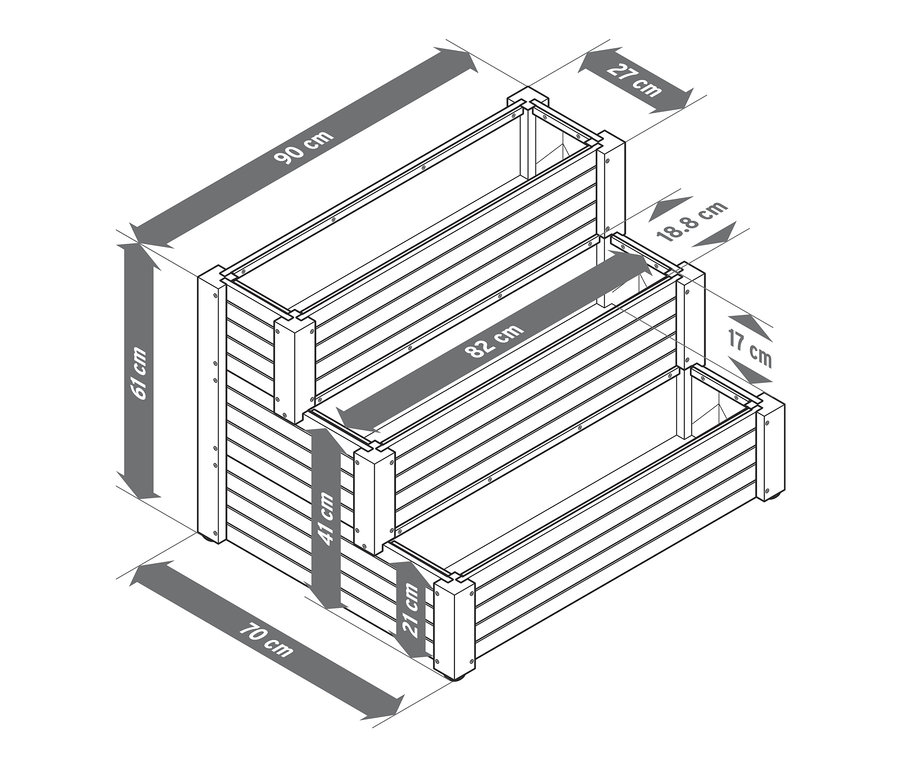 Eine Skizze des Treppenhochbeets mit 3 Ebenen »Tinus« mit Abmessungen.