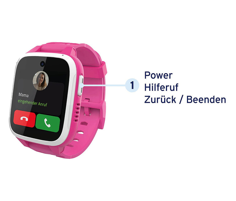 Nahaufnahme einer pinken Smartwatch, die einen eingehenden Anruf von "Mama" auf dem Touchscreen anzeigt. Zu sehen ist die Kids Watch Xplora XGO3 rosa.
