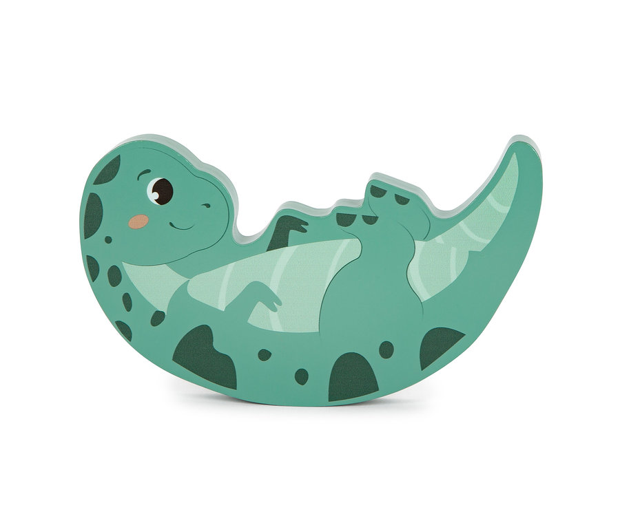Liegender, grüner Dinosaurier mit dunkelgrünen Flecken, ein Spielzeug aus dem small foot Spiele-Set »Dino«.