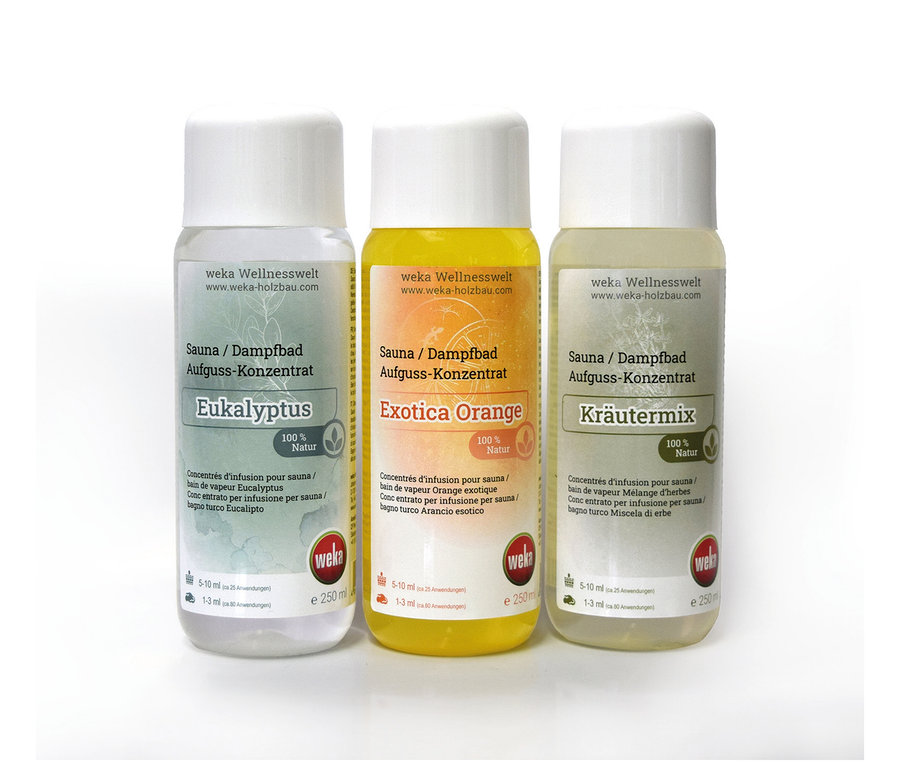 Drei Flaschen WEKA-3er-Spar-Set »Sauna- und Dampfbaddüfte« mit den Düften Eukalyptus, Exotica Orange und Kräutermix.