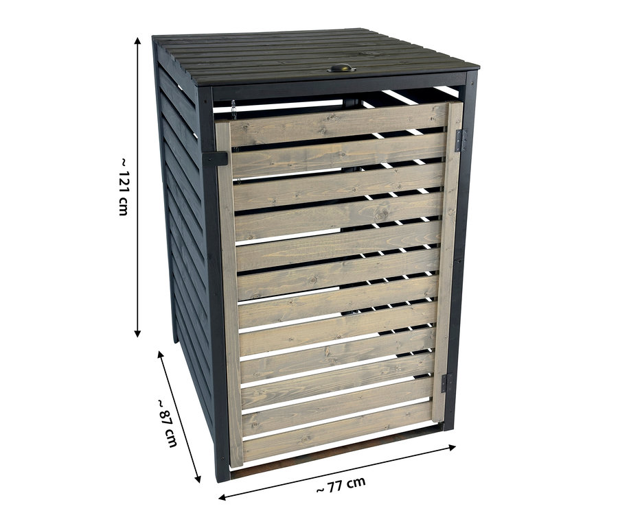Mülltonnenverkleidung, 240 l, anthrazit, mit Maßen von ca. 121 x 77 x 87 cm.