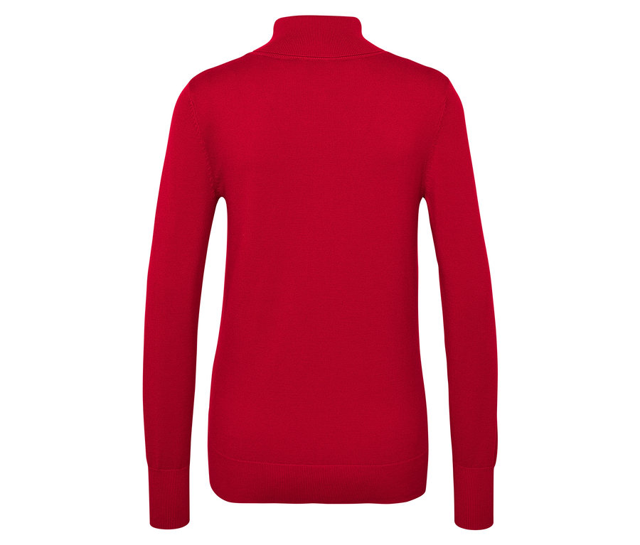 Roter Rollkragenpullover mit langen Ärmeln.