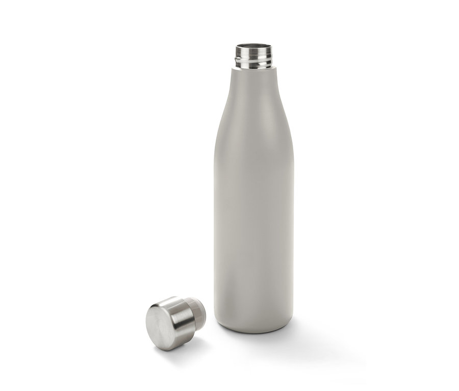 Eine graue Isolier-Trinkflasche mit abgenommenem Deckel.