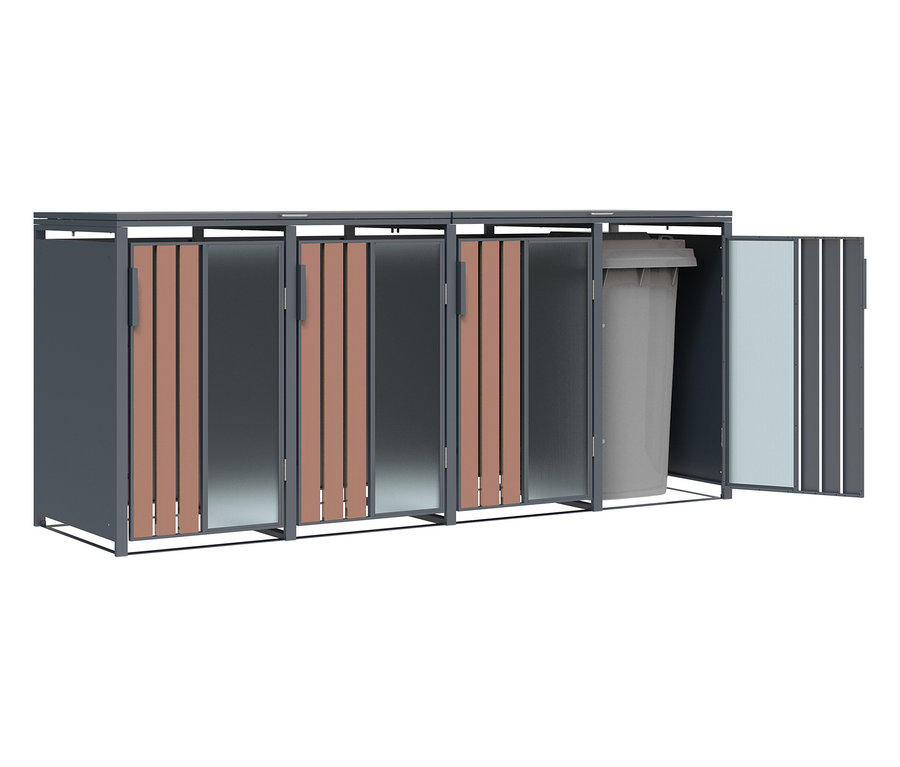 Offener grauer Abfallbehälter mit braunen Holzlamellen.