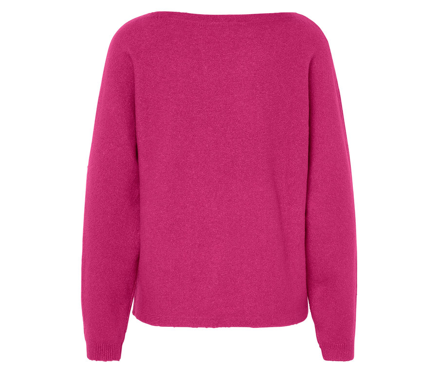 Rückansicht eines pinkfarbenen Pullovers mit langen Ärmeln.