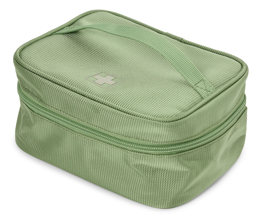 Geschlossene hellgrüne Stoff-Kosmetiktasche mit Reißverschluss und Griff oben.