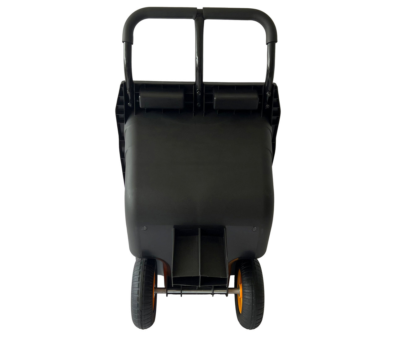 Schwarze Schubkarre von vorne mit gelben Felgen und zwei schwarzen Griffen.