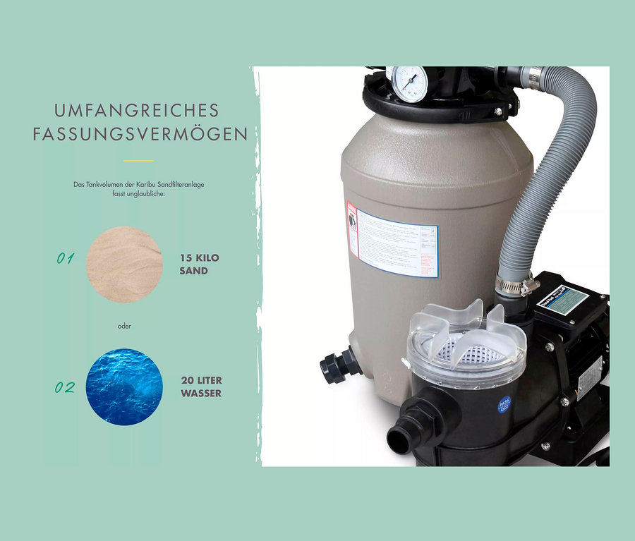 Abbildung einer Karibu Sandfilteranlage, die ein Tankvolumen von 15 Kilo Sand oder 20 Liter Wasser fasst.