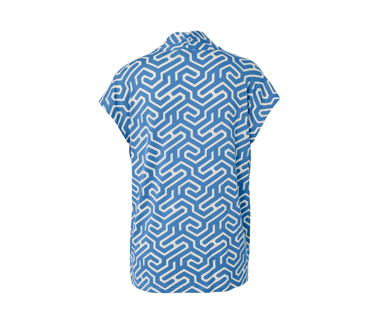 Rückansicht des blauen Blusenshirts mit V-Ausschnitt und weißem geometrischen Muster.