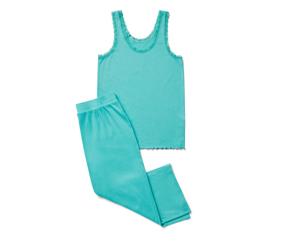 Türkisblaues Pyjama-Set in Rippe mit Spitzenoberteil und Hose.