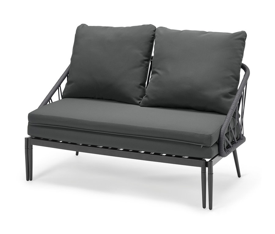 Graues ausziehbares Lounge-Sofa mit zwei Kissen.