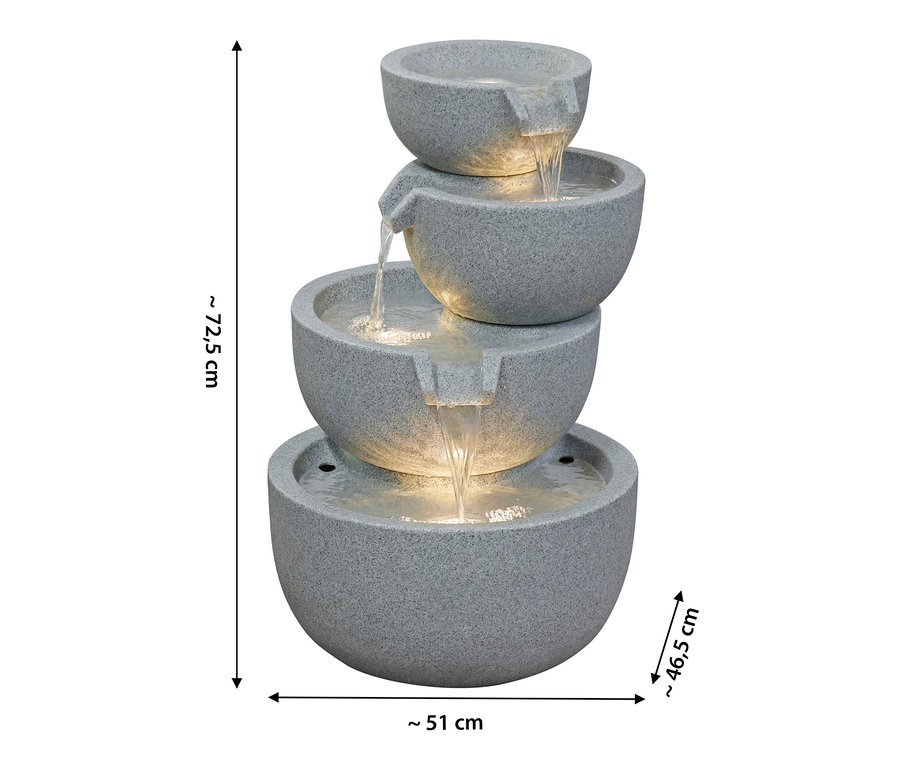 4-stufiger LED-Gartenbrunnen »Rama« mit fließendem Wasser zwischen grauen Steinschalen.