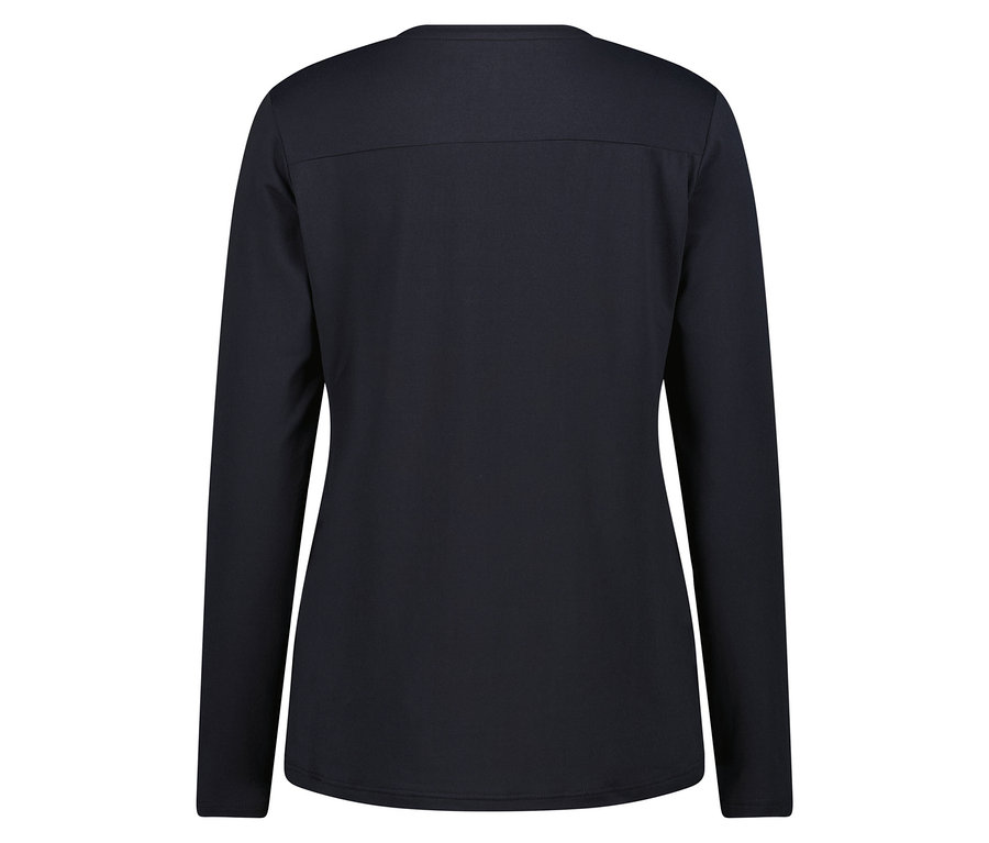 Marineblaues Damenoberteil mit langen Ärmeln von hinten.