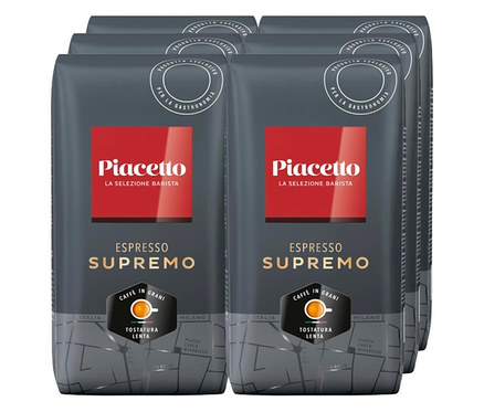 Sechs graue Packungen Piacetto Espresso Supremo - 6x 1 kg Ganze Bohne.