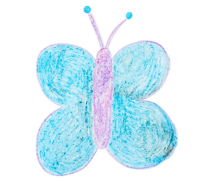 Eine Zeichnung eines blauen Schmetterlings mit lila Körper auf weißem Hintergrund. 6 Konfetti-Wachsstifte, 6 bunte Konfetti-Wachsmaler.