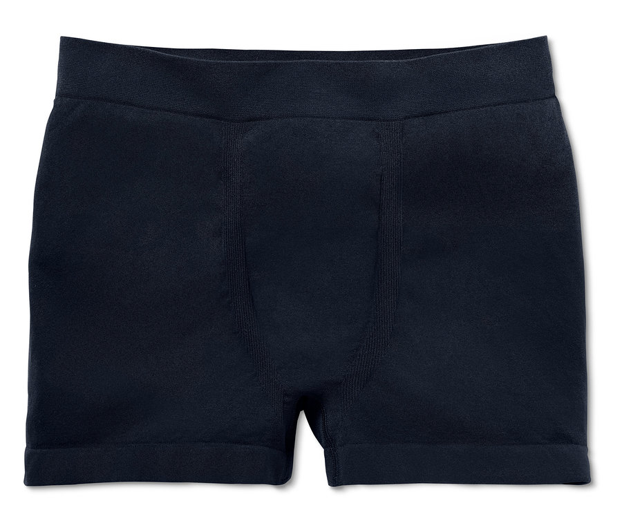Dunkelblaue Herren-Boxershorts auf weißem Hintergrund.