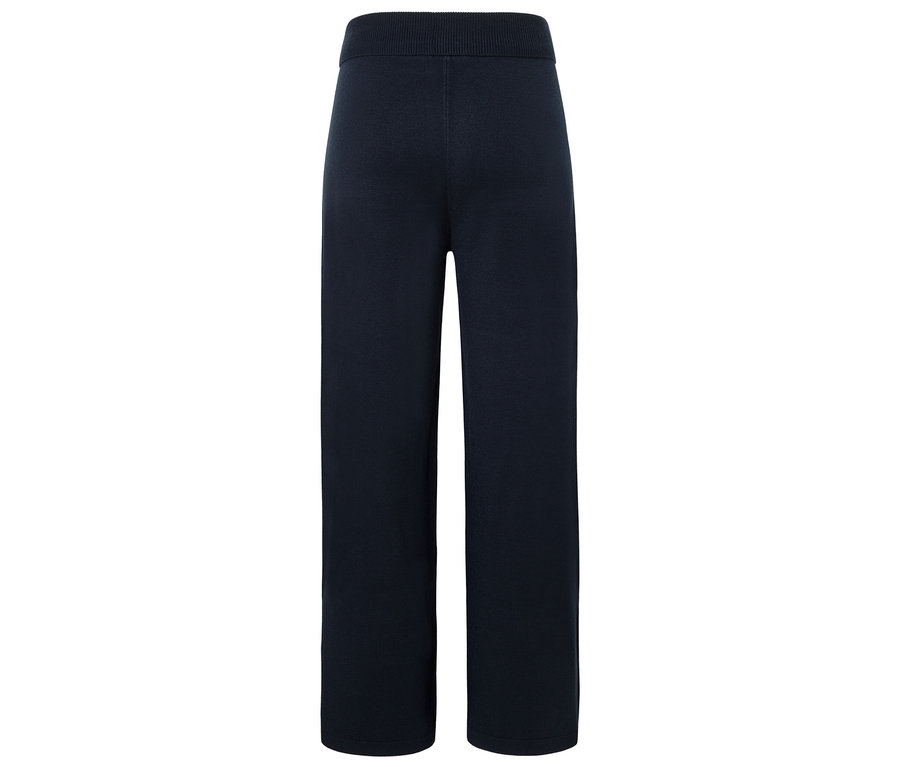 Dunkelblaue, weit geschnittene Strickhose mit elastischem Bund.