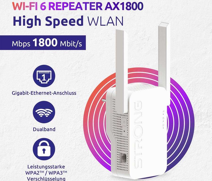 Abbildung eines weißen Strong Wi-Fi 6 Repeaters »AX 1800«.